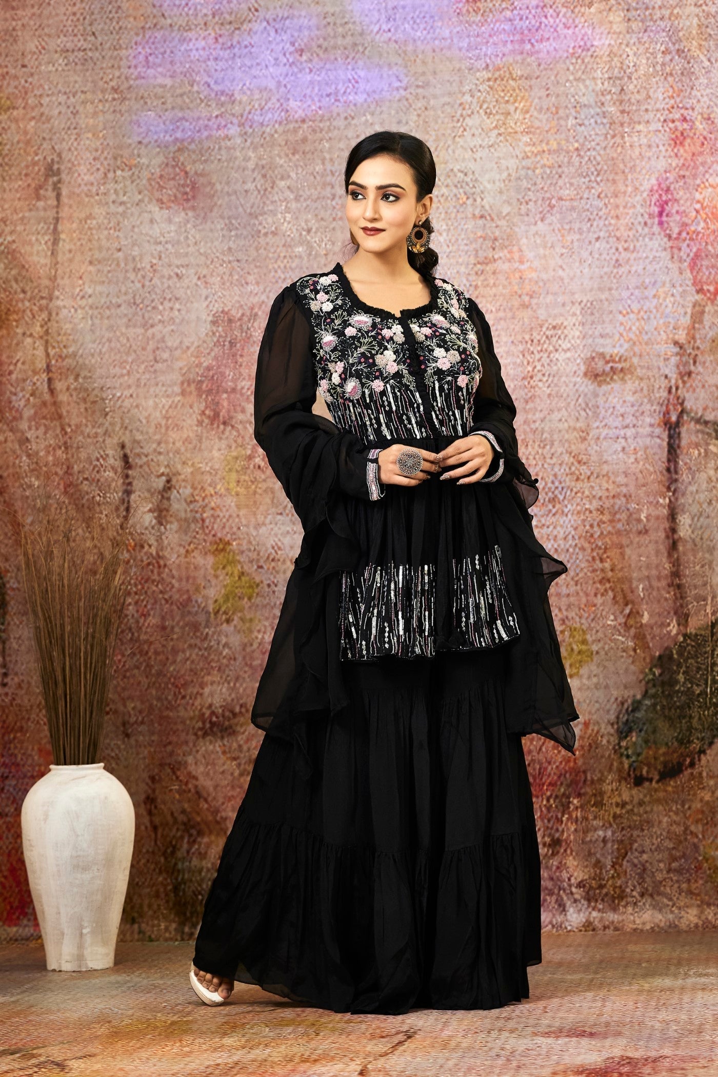 SummerFalling-Black Embellished Pure Crepe Silk Sharara Set