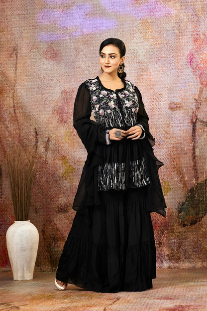 SummerFalling-Black Embellished Pure Crepe Silk Sharara Set
