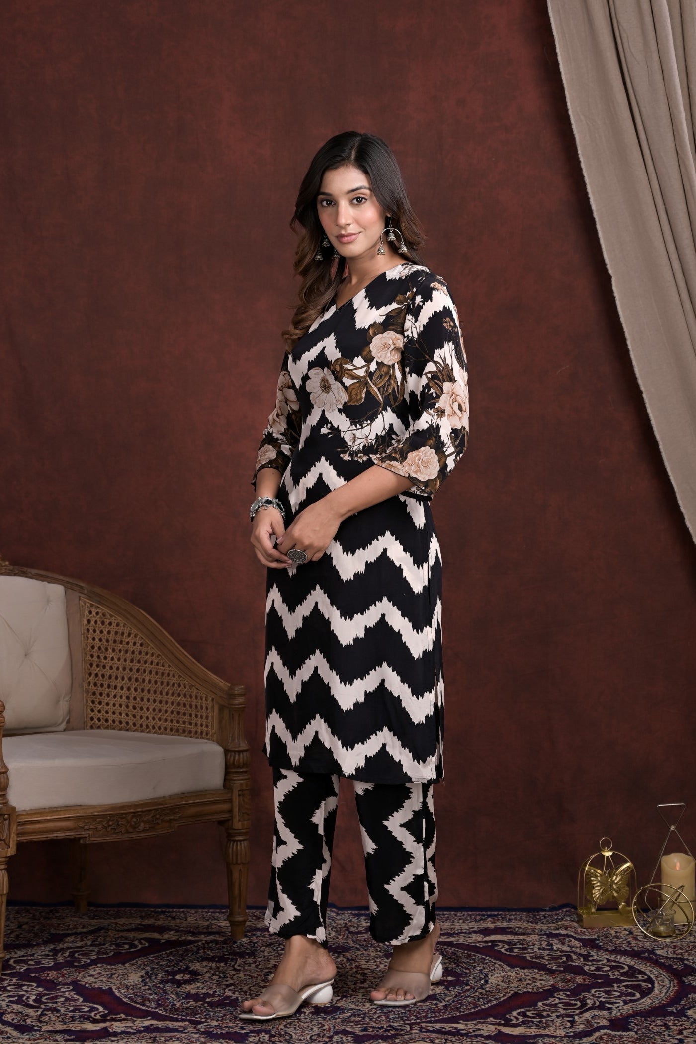 SummerFalling-Black Chevron Printed Mosche Silk kurta with Pants