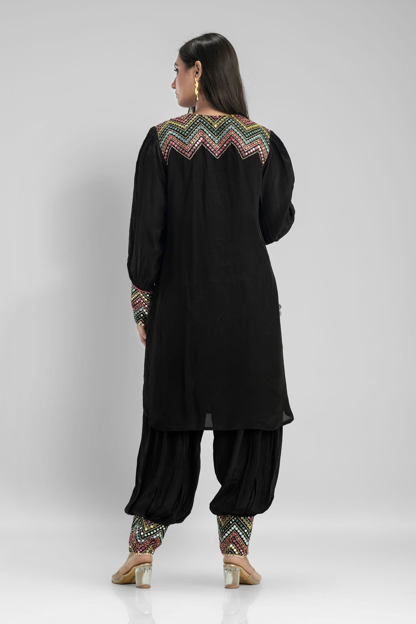 SummerFalling-Black Embroidered Muslin Silk Patiala Pants Set