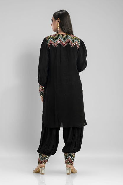SummerFalling-Black Embroidered Muslin Silk Patiala Pants Set