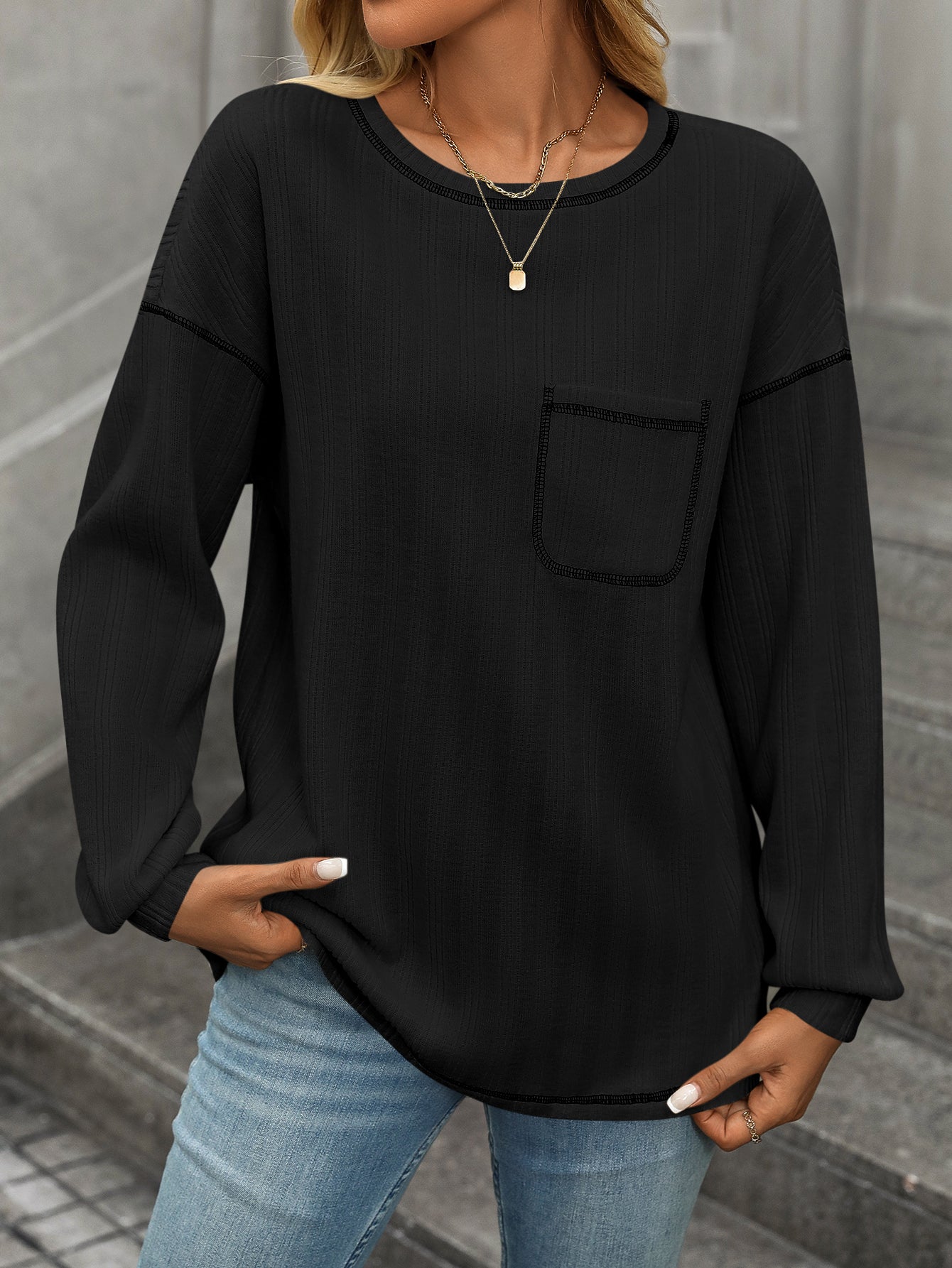 Long Sleeve Shirts For Women Casual Solid Crewneck Knitted Loose Fit Pullover Shirts Tops