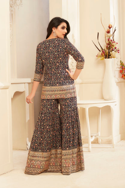 SummerFalling-Black Embroidered Banarasi Silk Cape Set