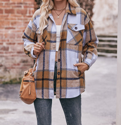 Womens Casual Plaid Jacket Oversized Button Down Long Sleeve Coat Tops