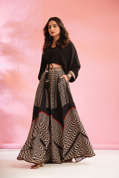 SummerFalling-Black Chevron Palazzo Pants with Crop Top
