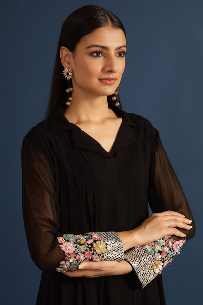 SummerFalling-Black Embellished &amp; Pleared Tunic with Pants