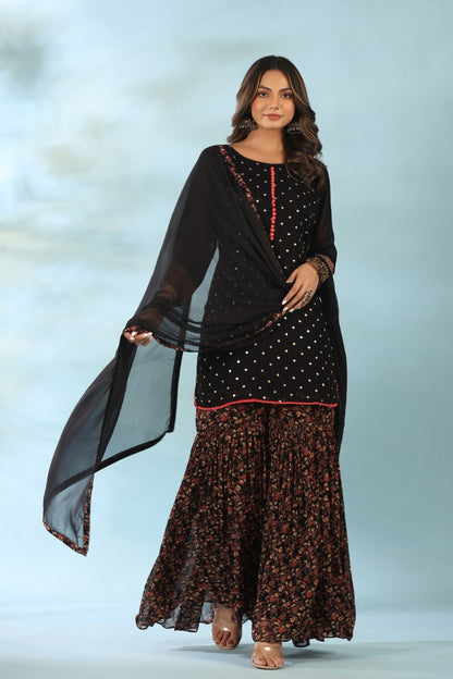 SummerFalling-Black Embellished Kurta with Floral Sharara Set