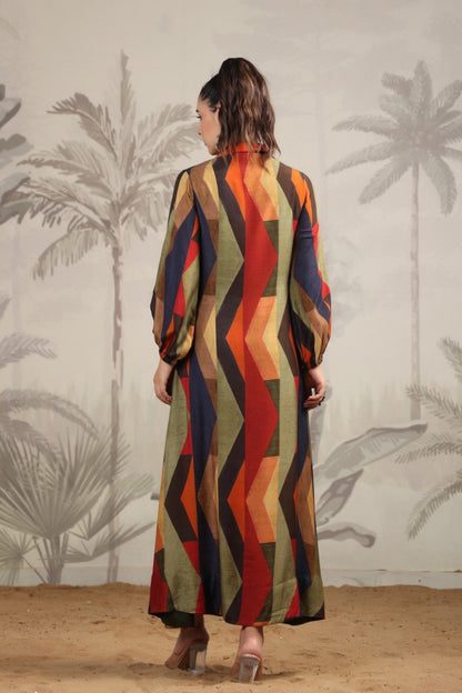 SummerFalling-Abstract Printed A-Line Spanish Silk Dress