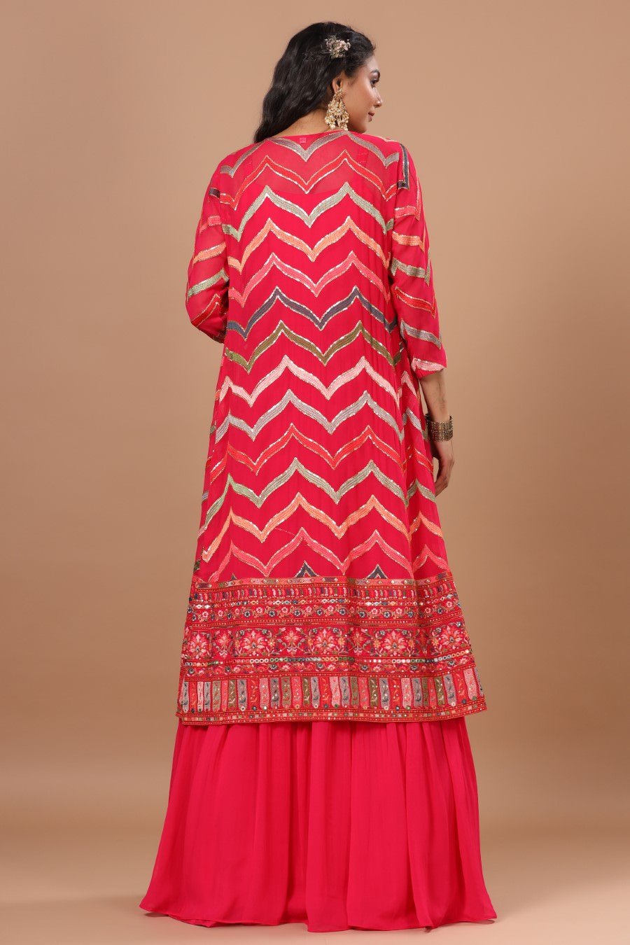 SummerFalling-Alluring Rani Pink Resham Embroidered Dress with Cape