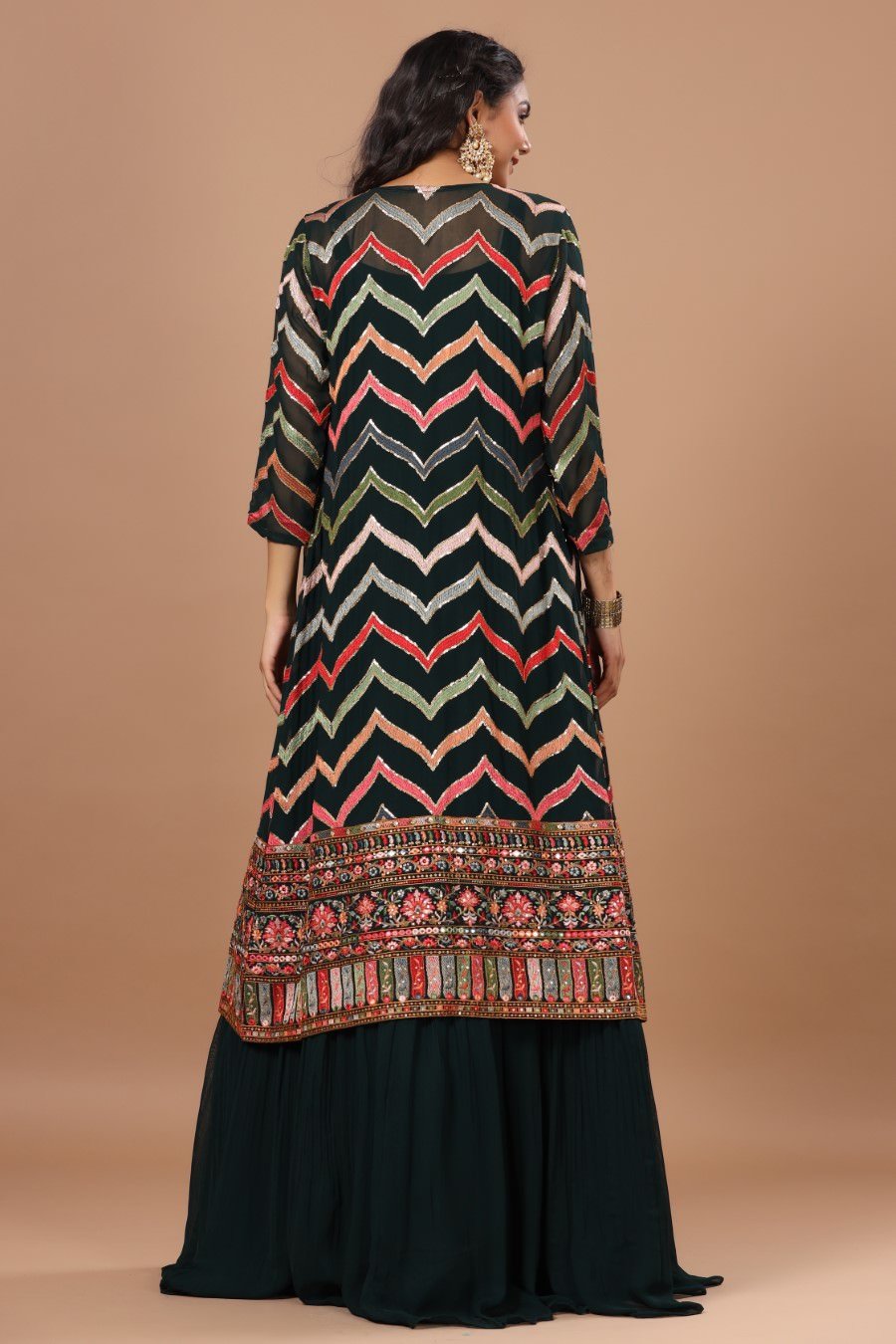 SummerFalling-Alluring Bottle Green Resham Embroidered Dress With Cape