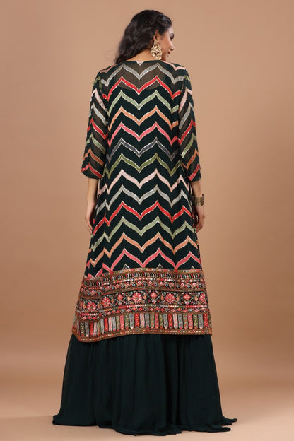 SummerFalling-Alluring Bottle Green Resham Embroidered Dress With Cape