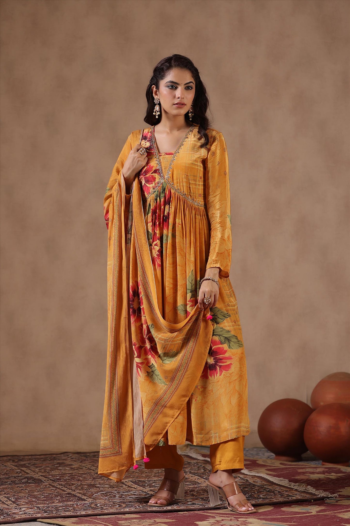 SummerFalling-Amber Yellow Floral Printed Crepe Silk Anarkali Set