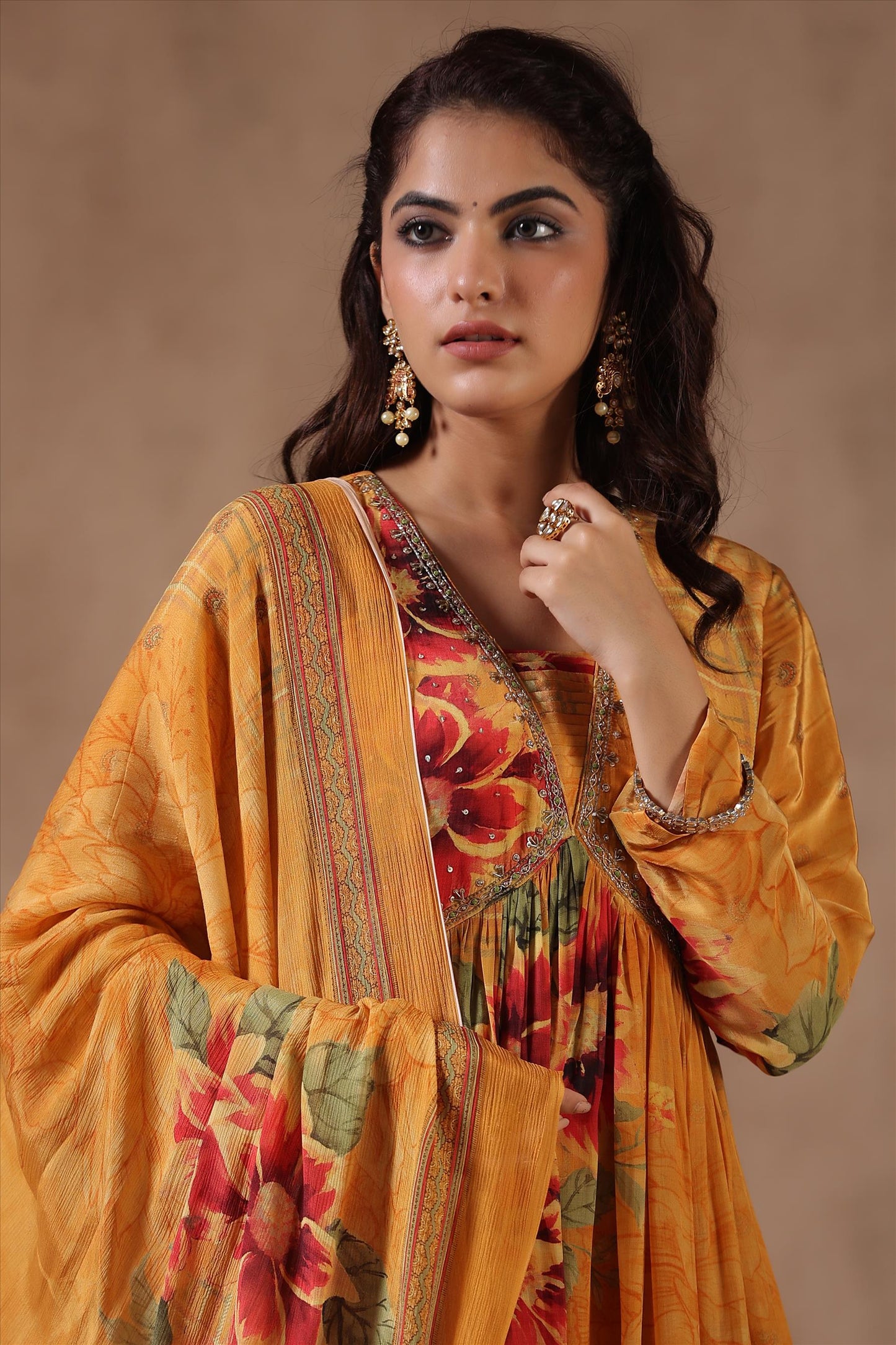 SummerFalling-Amber Yellow Floral Printed Crepe Silk Anarkali Set