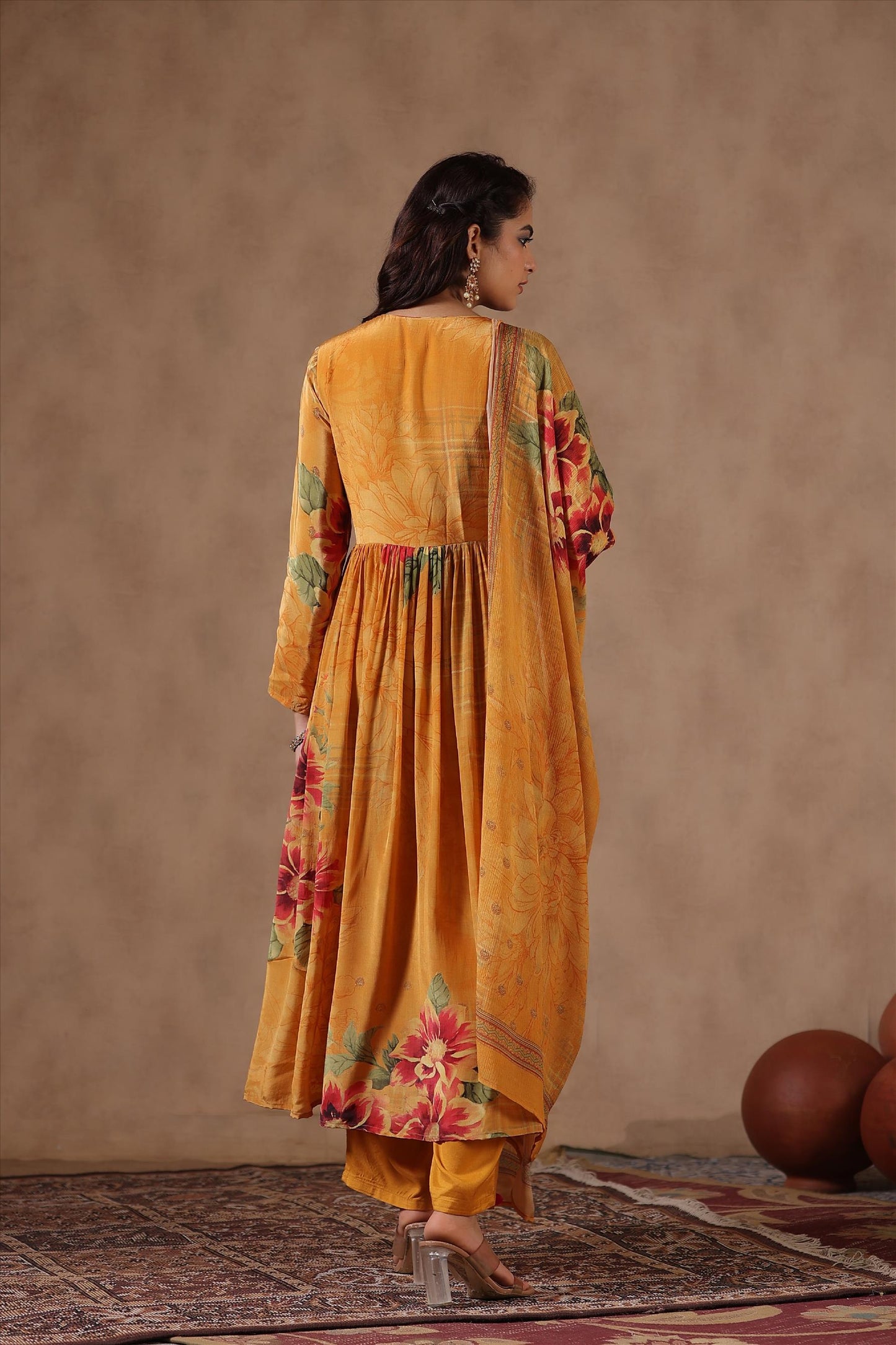 SummerFalling-Amber Yellow Floral Printed Crepe Silk Anarkali Set