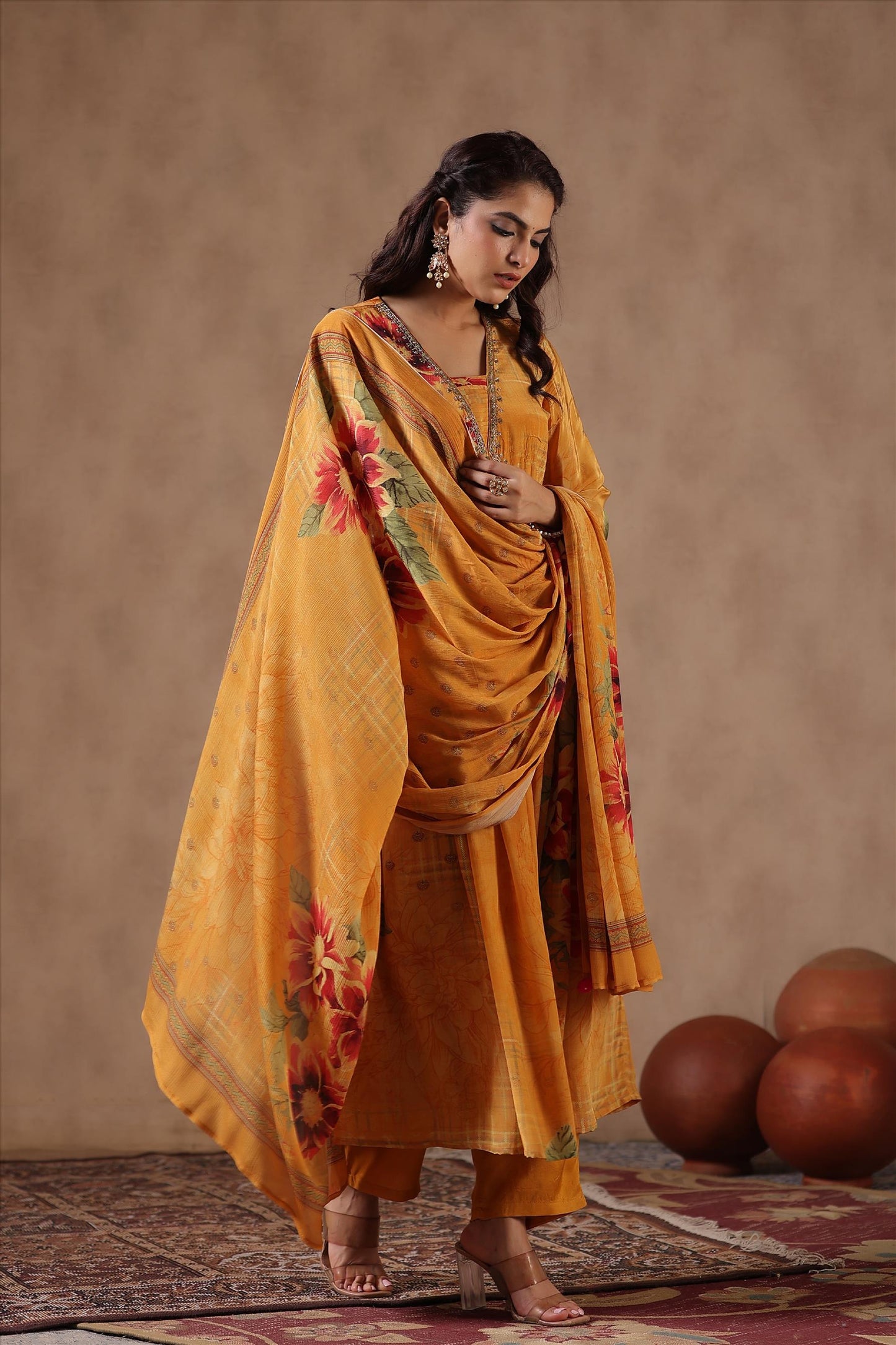 SummerFalling-Amber Yellow Floral Printed Crepe Silk Anarkali Set