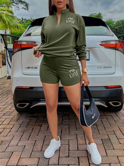 SummerFalling-BE KIND Graphic Quarter-Zip Sweatshirt and Shorts Set