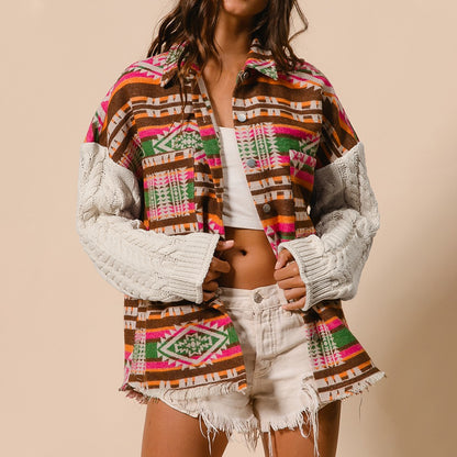 Knitted Sleeve Patchwork Woolen Ethnic Style Aztec Loose Jacket