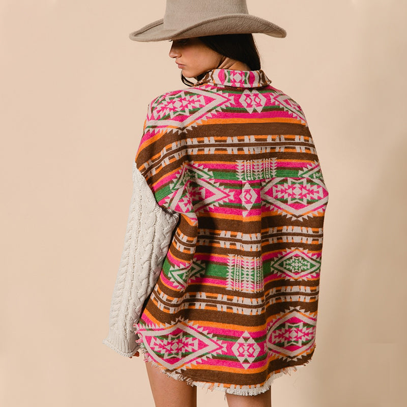 Knitted Sleeve Patchwork Woolen Ethnic Style Aztec Loose Jacket