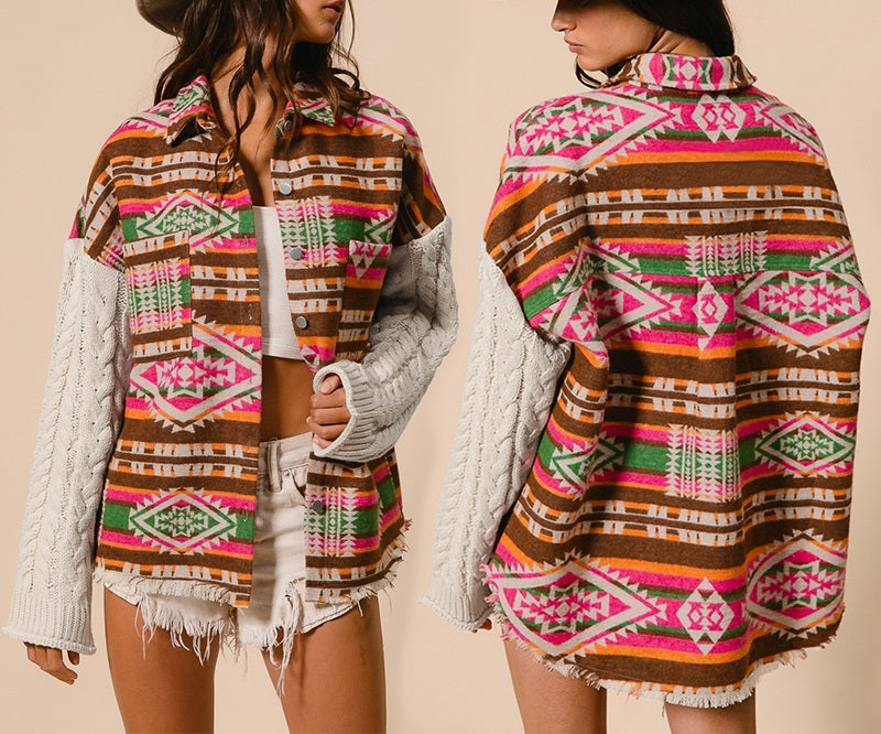 Knitted Sleeve Patchwork Woolen Ethnic Style Aztec Loose Jacket