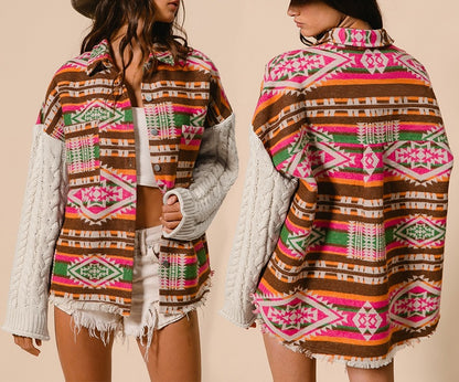 Knitted Sleeve Patchwork Woolen Ethnic Style Aztec Loose Jacket