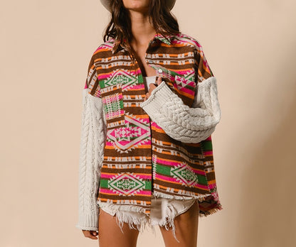 Knitted Sleeve Patchwork Woolen Ethnic Style Aztec Loose Jacket