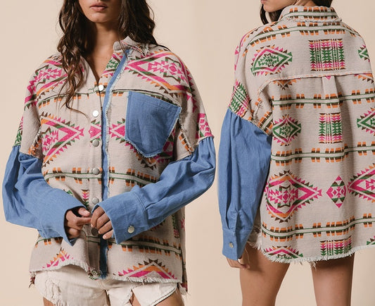 Aztec Print Denim Patchwork Woolen Frayed Edge Vintage Jacket