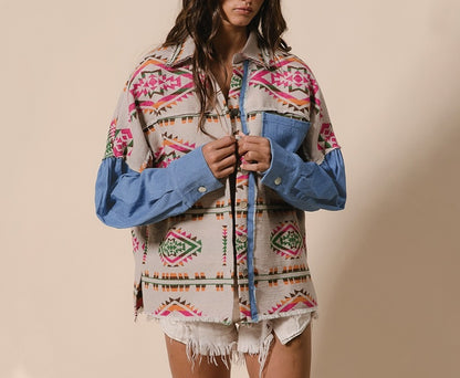 Aztec Print Denim Patchwork Woolen Frayed Edge Vintage Jacket