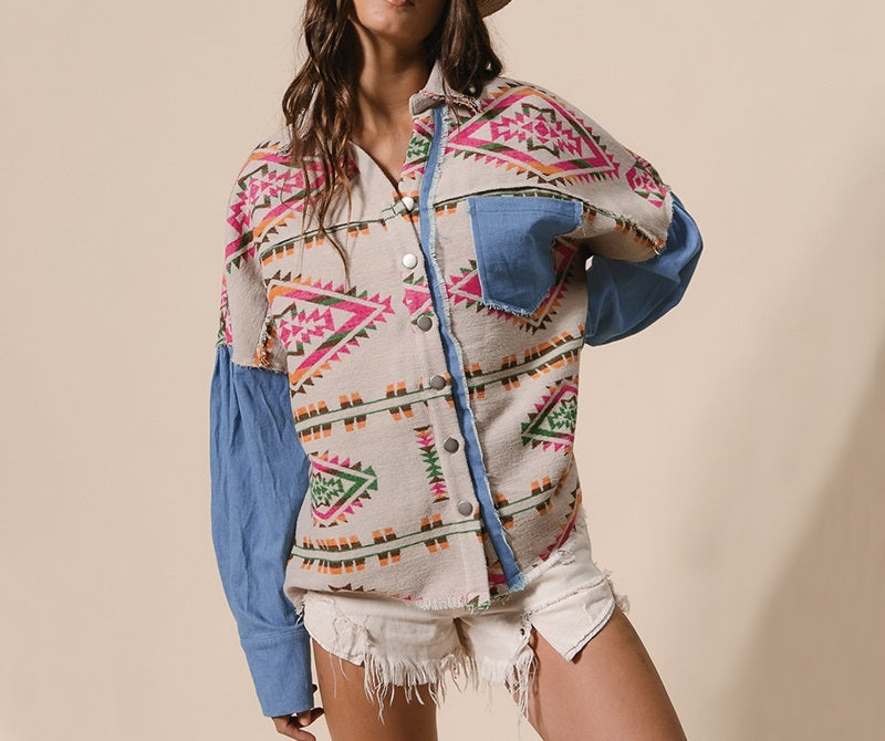 Aztec Print Denim Patchwork Woolen Frayed Edge Vintage Jacket