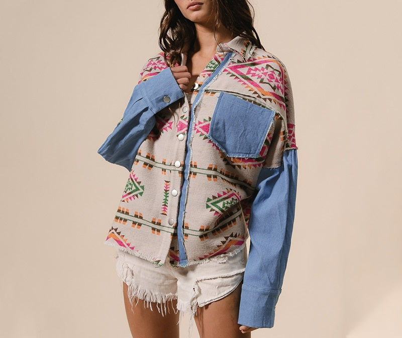 Aztec Print Denim Patchwork Woolen Frayed Edge Vintage Jacket