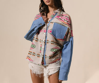 Aztec Print Denim Patchwork Woolen Frayed Edge Vintage Jacket