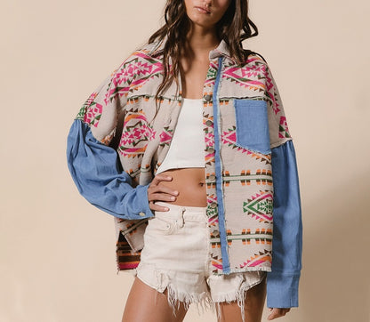 Aztec Print Denim Patchwork Woolen Frayed Edge Vintage Jacket