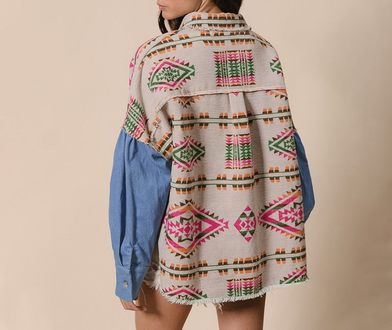 Aztec Print Denim Patchwork Woolen Frayed Edge Vintage Jacket