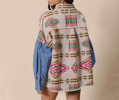 Aztec Print Denim Patchwork Woolen Frayed Edge Vintage Jacket
