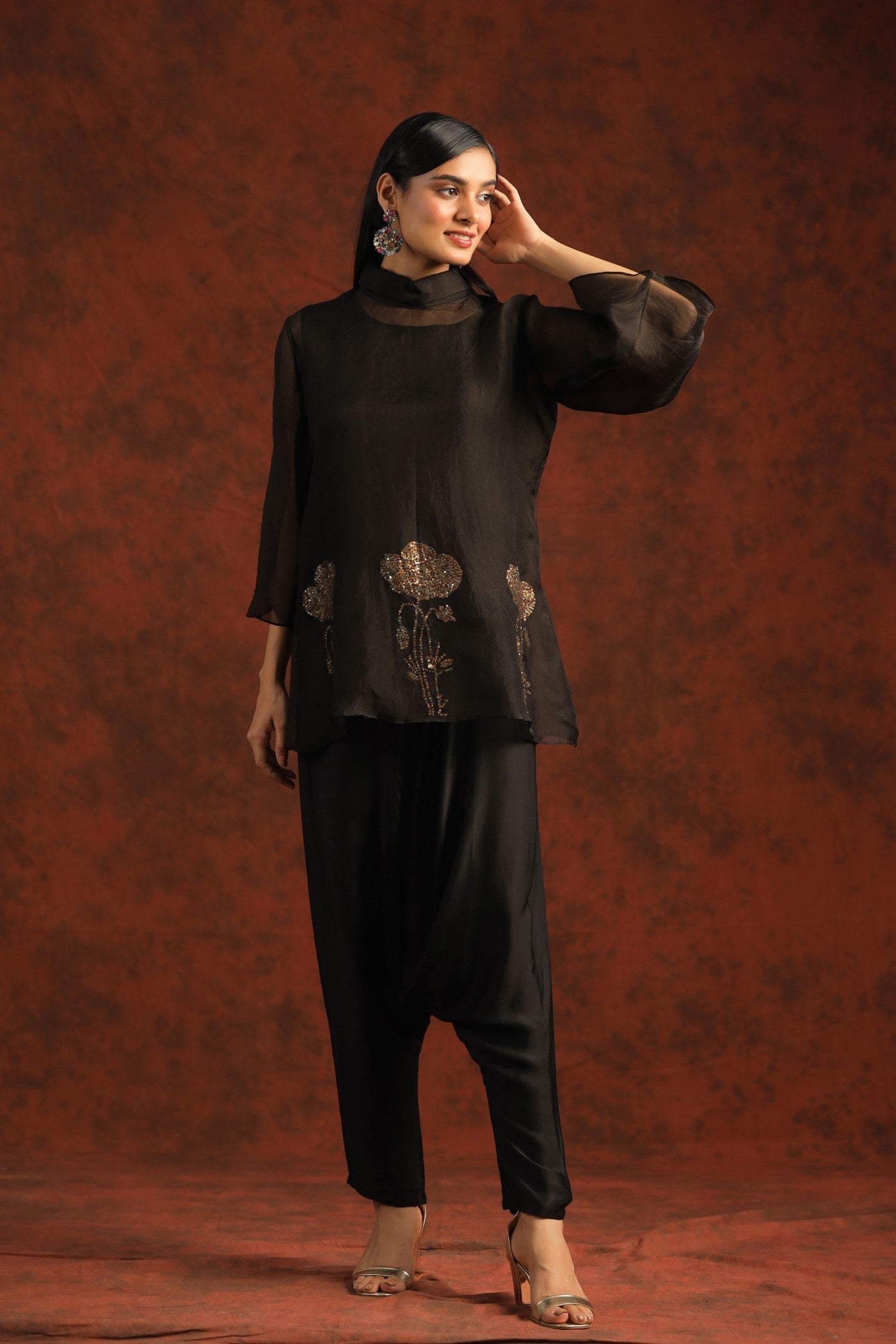 SummerFalling-Black Embellished Organza Silk Co-ord Sets