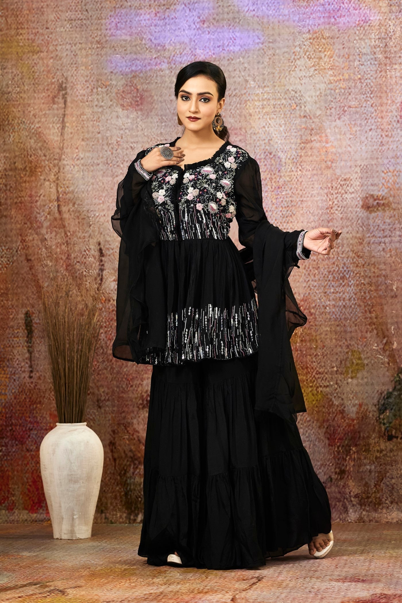 SummerFalling-Black Embellished Pure Crepe Silk Sharara Set