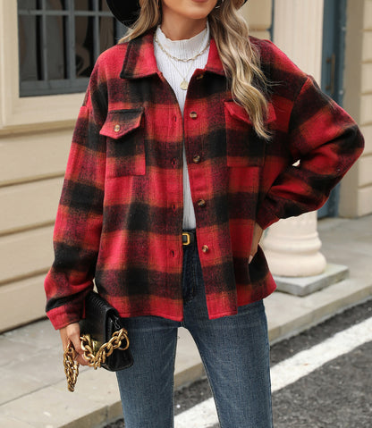 Womens Fashion Shirts Jacket Christmas Long Sleeve Button Down Plaid Shirt Casual Work Tops