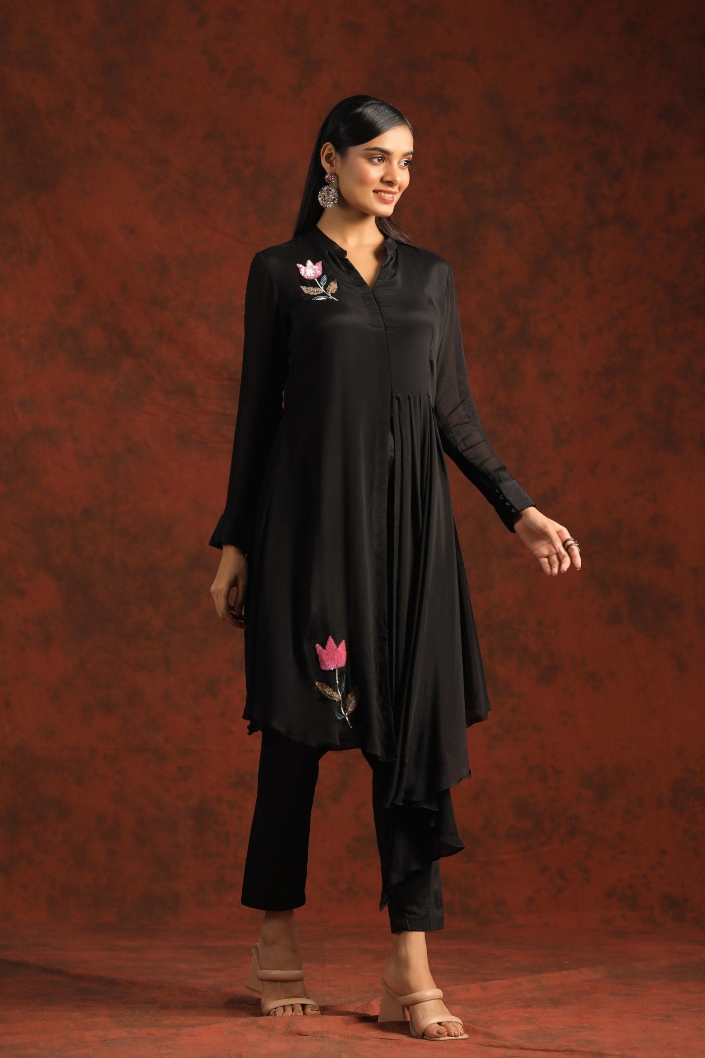SummerFalling-Black Embelkished Chinon Chiffon Tunic Set