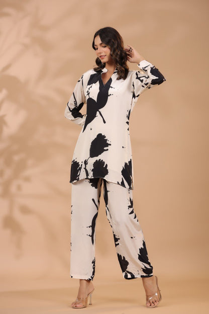 SummerFalling-Black &amp; White Printed Crepe Silk Co-ord Set