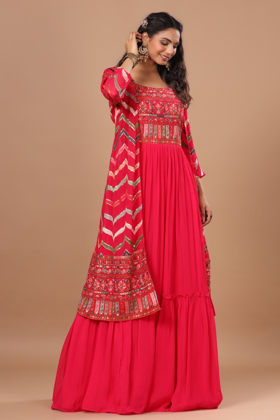 SummerFalling-Alluring Rani Pink Resham Embroidered Dress with Cape