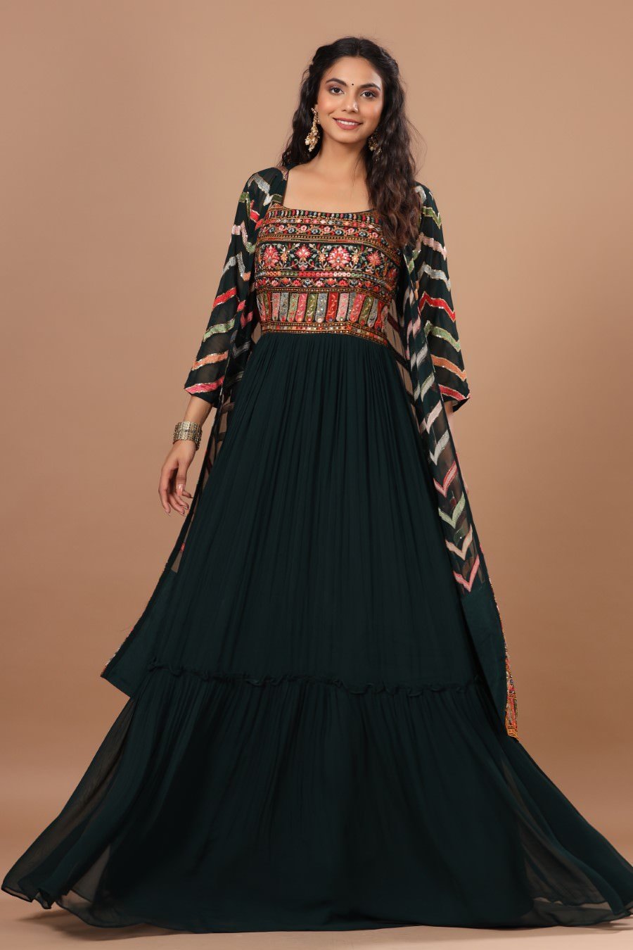 SummerFalling-Alluring Bottle Green Resham Embroidered Dress With Cape