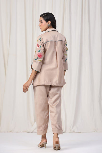 SummerFalling-Beige Chanderi Silk Embroidered Co-ord Set