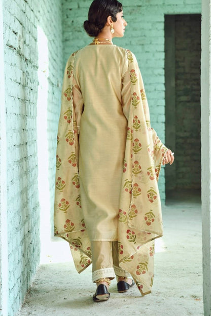 SummerFalling-Beige Embroidered Chanderi Silk Kurta Set