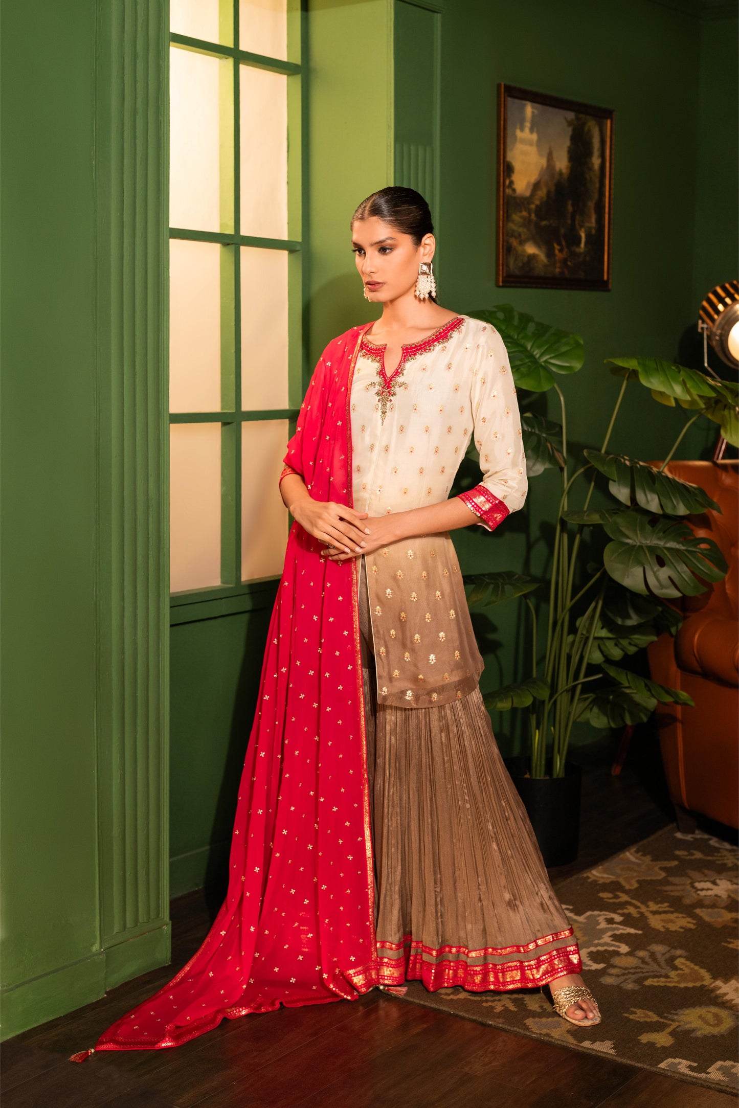 SummerFalling-Ash Brown Embellished Organza Silk Sharara Set