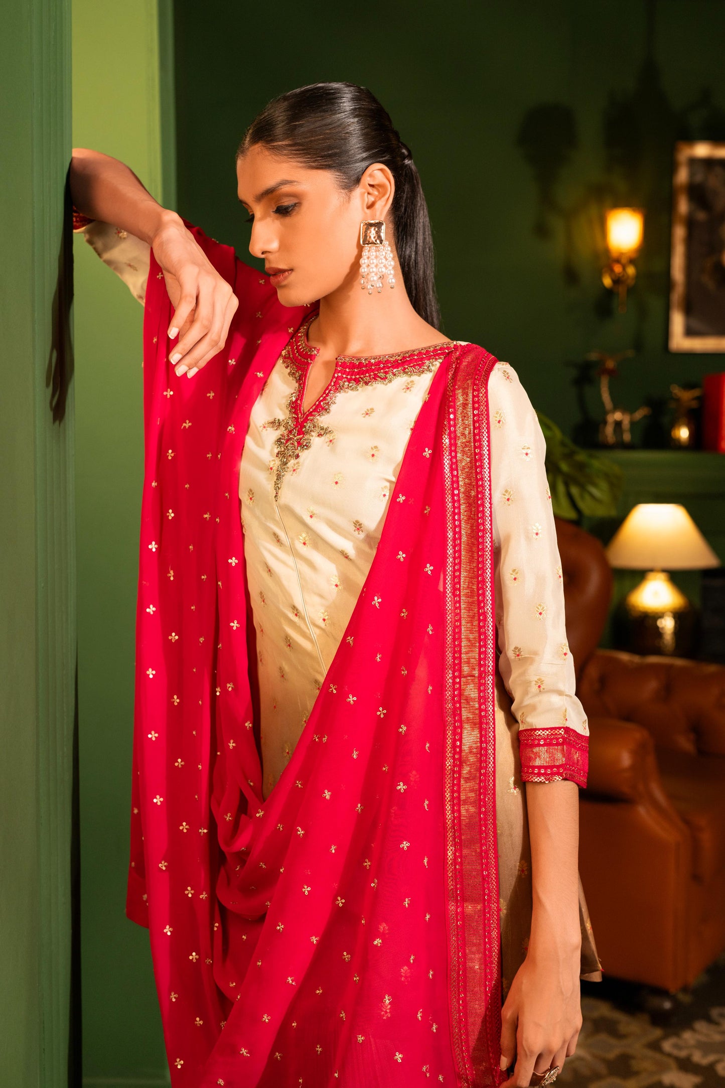 SummerFalling-Ash Brown Embellished Organza Silk Sharara Set