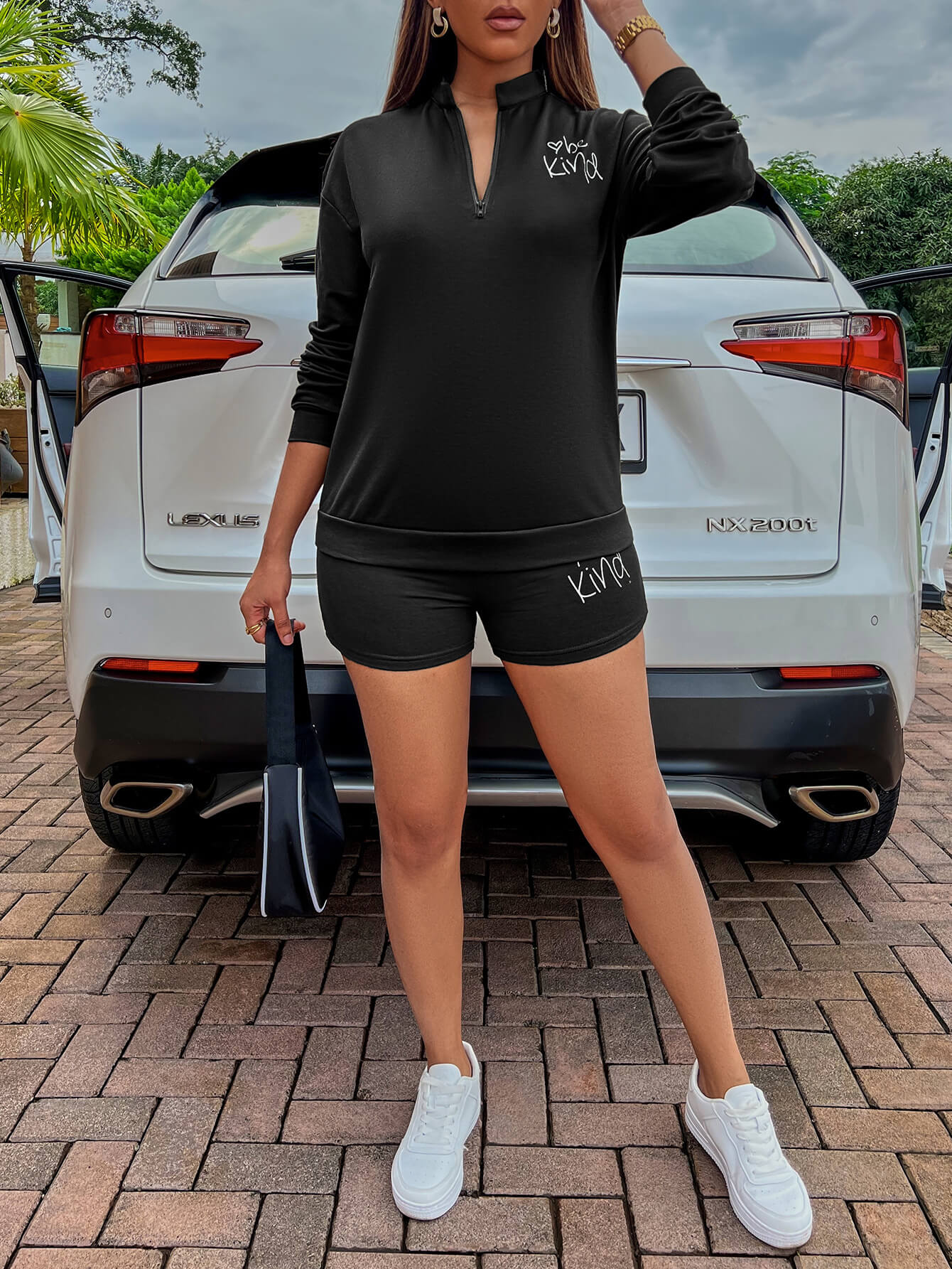 SummerFalling-BE KIND Graphic Quarter-Zip Sweatshirt and Shorts Set