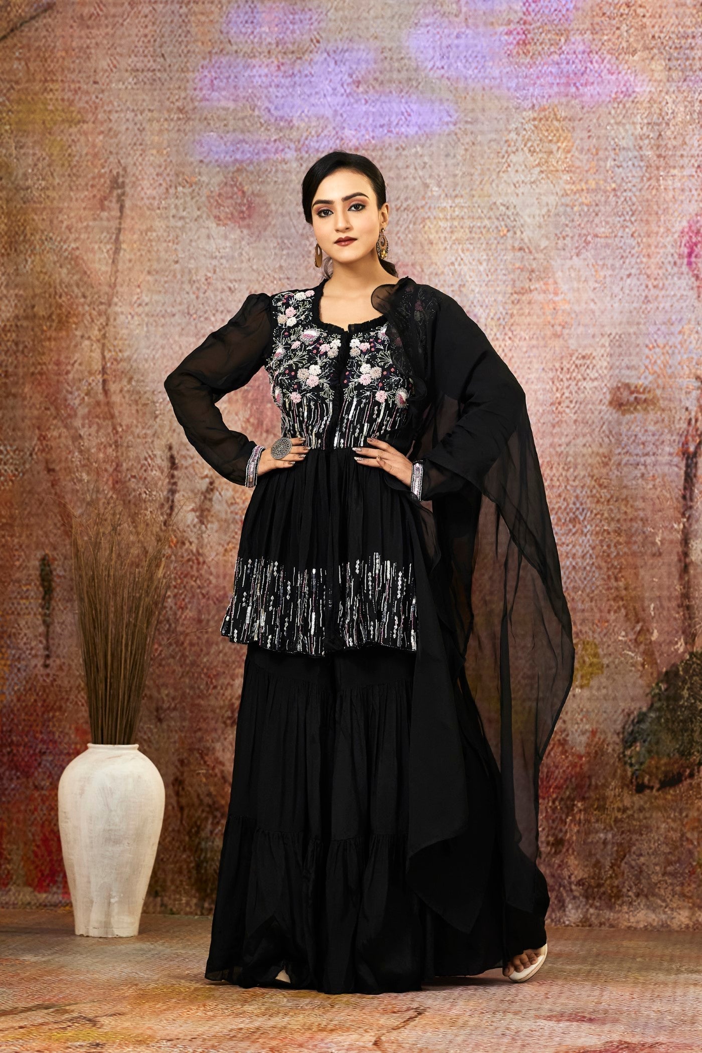 SummerFalling-Black Embellished Pure Crepe Silk Sharara Set