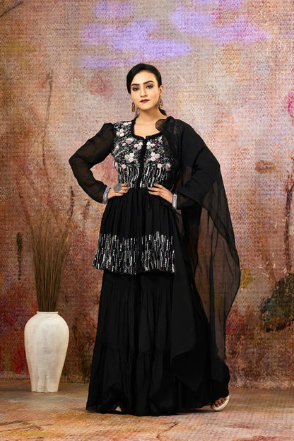 SummerFalling-Black Embellished Pure Crepe Silk Sharara Set