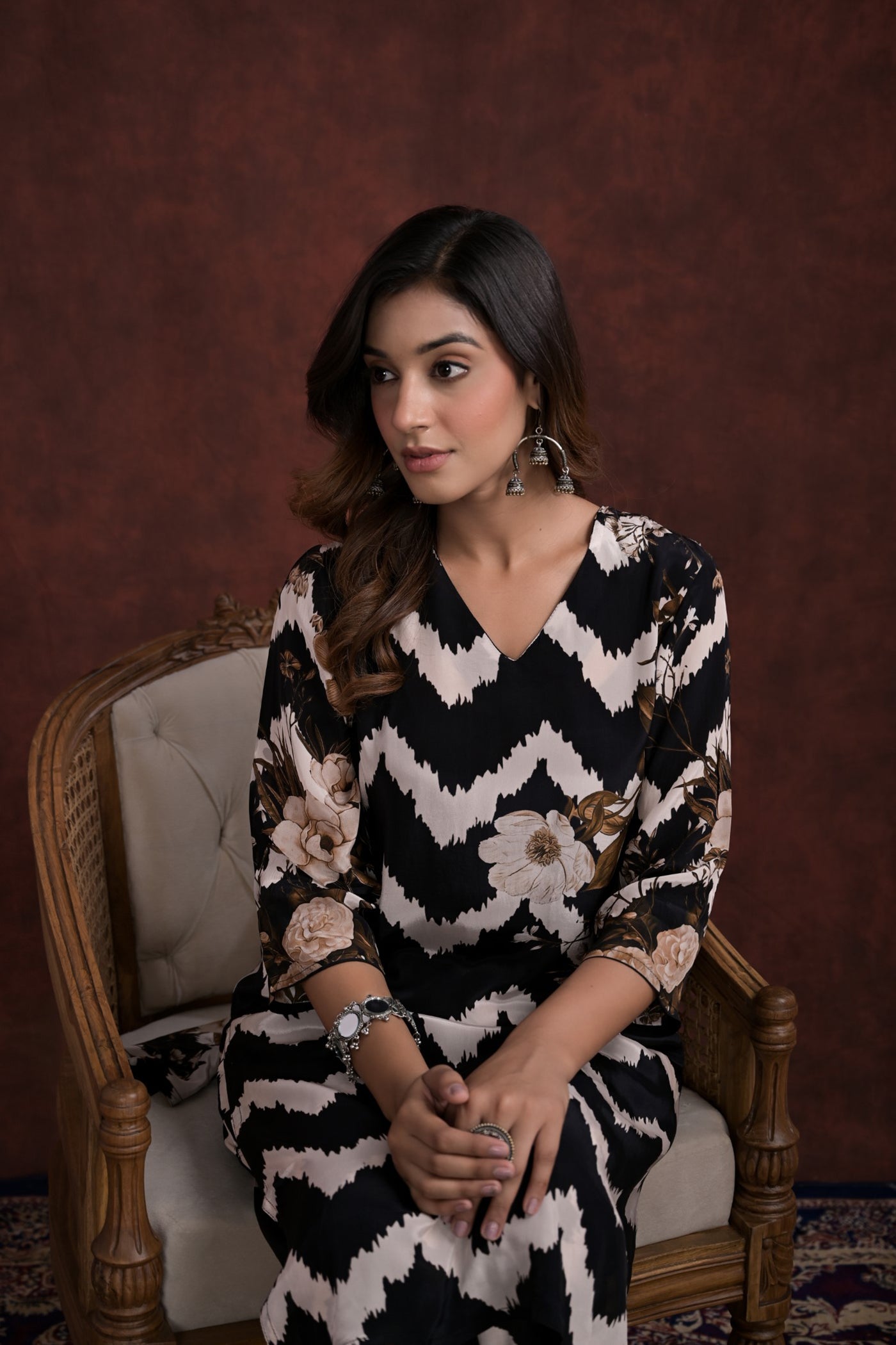 SummerFalling-Black Chevron Printed Mosche Silk kurta with Pants
