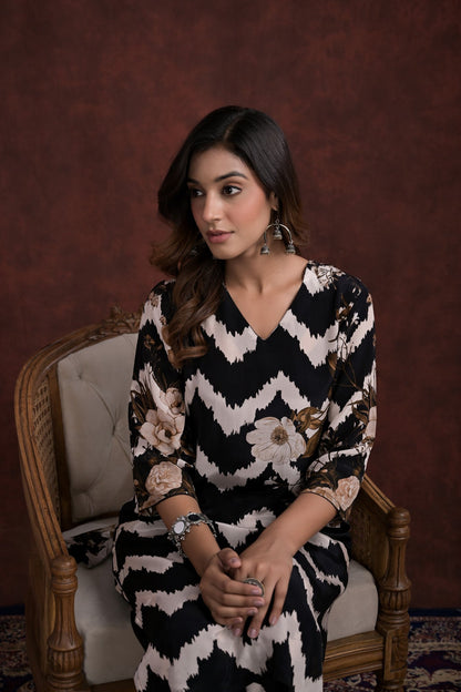 SummerFalling-Black Chevron Printed Mosche Silk kurta with Pants