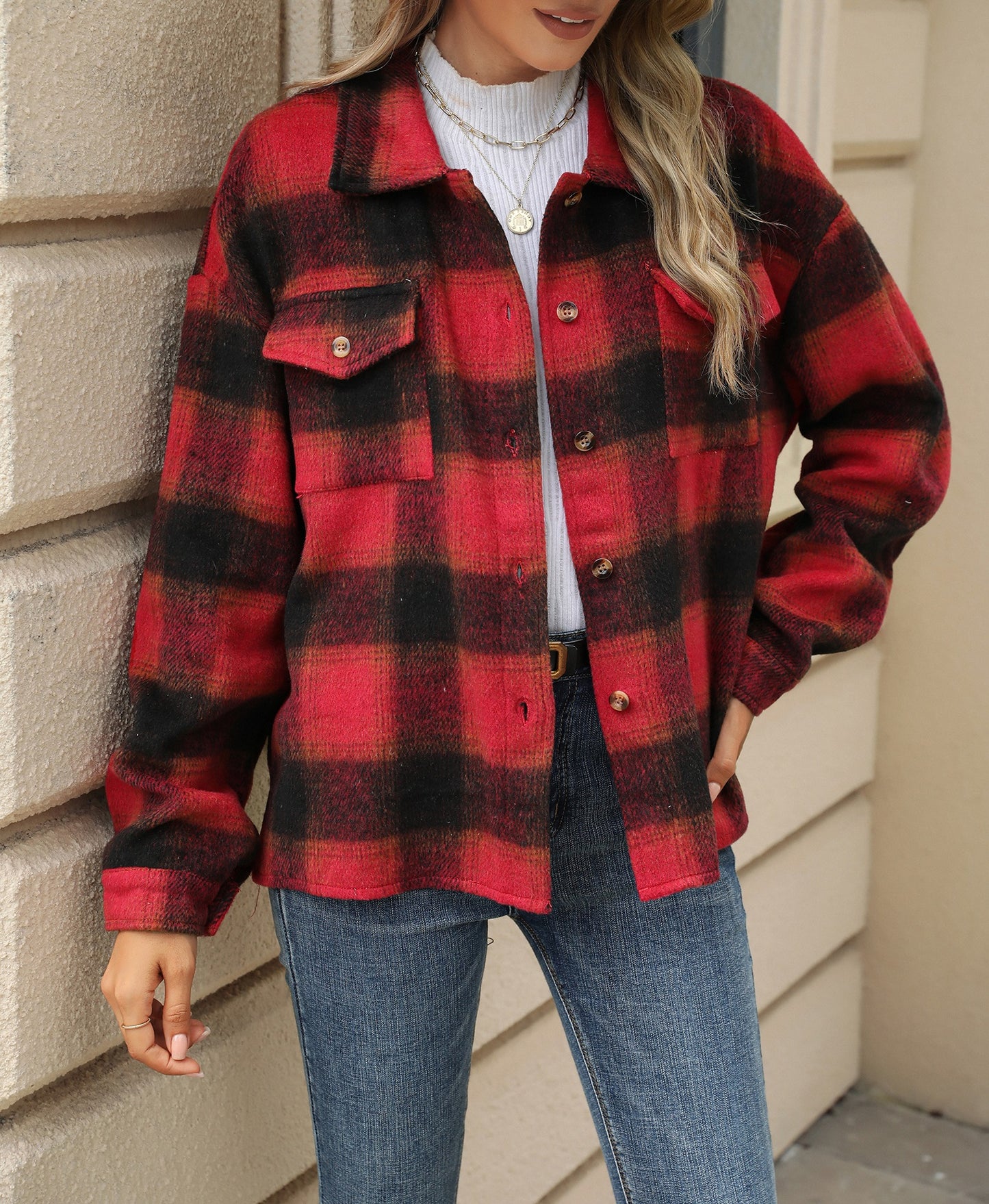 Womens Fashion Shirts Jacket Christmas Long Sleeve Button Down Plaid Shirt Casual Work Tops